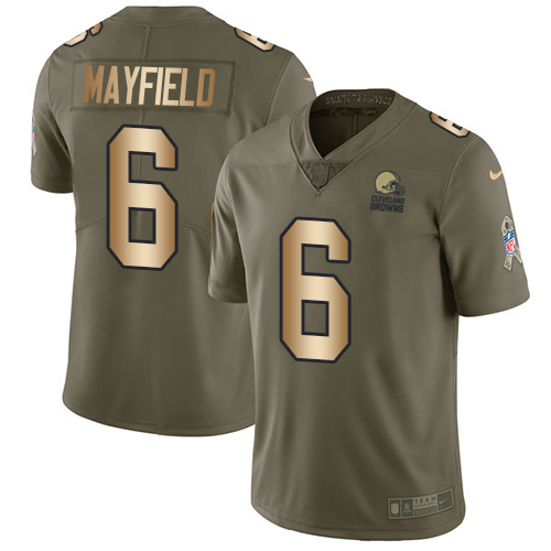 Nike Browns #6 Baker Mayfield Olive/Gold Men's Stitched NFL Limited Salute To Service Jersey